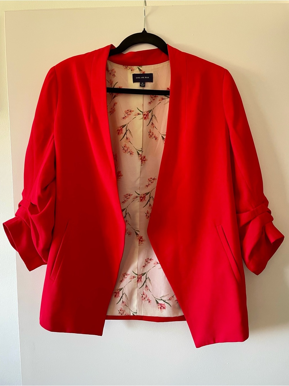 Skies Are Blue Red Open-Front Blazer with Floral Lining Sz M